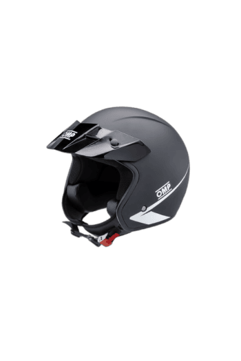 Black OMP racing helmet with visor, designed for motorsport safety and performance.