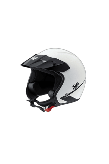 White OMP motorcycle helmet with black visor and ventilation system, designed for racing and safety.