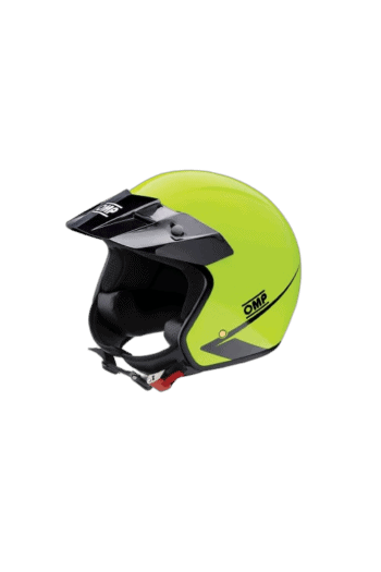 High-visibility yellow motorcycle helmet with black visor and OMP branding, designed for racing safety and performance.