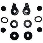 Set of black racing eyelets and washers for Grand Prix Racewear, used in motorsport apparel and gear.