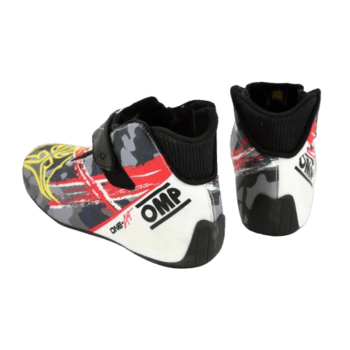 Pair of Grand Prix Racewear racing shoes with colourful design and ankle support for motorsport enthusiasts.
