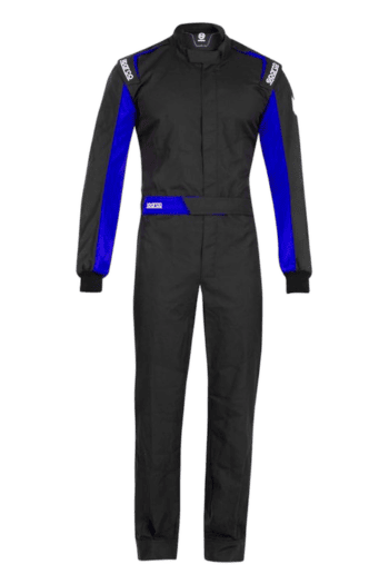 Grand Prix Racewear racing suit in black with blue accents, designed for motorsport drivers, featuring sponsor logos and a sleek, aerodynamic fit.