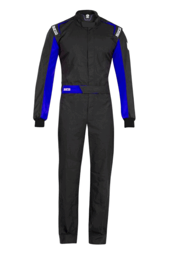 Grand Prix Racewear racing suit in black with blue accents, designed for motorsport drivers, featuring sponsor logos and a sleek, aerodynamic fit.