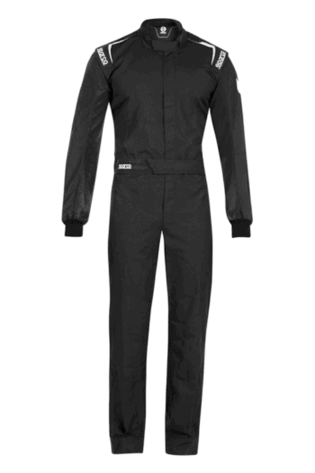 Black Grand Prix Racewear racing suit with white accents, designed for motorsport safety and performance, featuring sponsor logos and durable fabric.