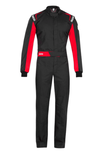 Grand Prix Racewear racing suit in black with red accents, designed for motorsport safety and performance, featuring sponsor logos and durable materials.