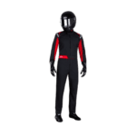Grand Prix Racewear racing suit with helmet, designed for motorsport safety and performance, featuring black and red accents.