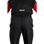 Close-up of a black and red racing suit with Sparco logo, designed for motorsport safety and performance.