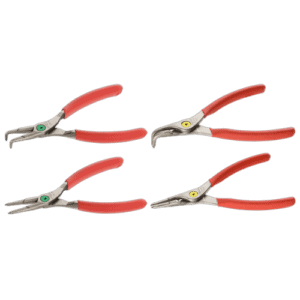 Set of four Facom pliers with red handles, including straight and angled nose Circlips pliers, ideal for precision work.
