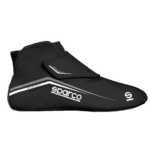 Black Grand Prix racing shoe with white and grey accents, featuring Sparco branding, designed for motorsport enthusiasts and professional drivers.