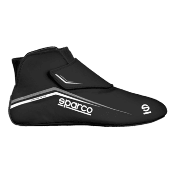 Black Grand Prix racing shoe with white and grey accents, featuring Sparco branding, designed for motorsport enthusiasts and professional drivers.