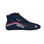 Sparco racing shoe in navy blue with red and white accents, designed for motorsport safety and performance.