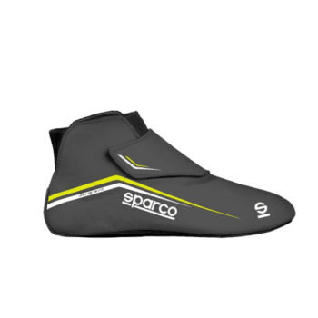 Sparco racing shoe designed for motorsport, featuring a sleek black and yellow colour scheme and high-performance materials.