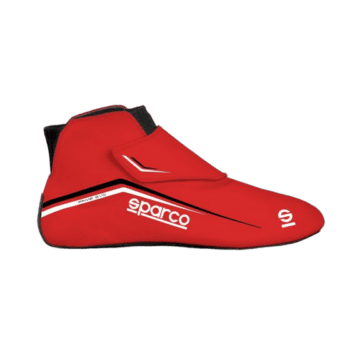 Red Sparco racing shoe designed for motorsport, featuring black and white accents and a high-top ankle support.