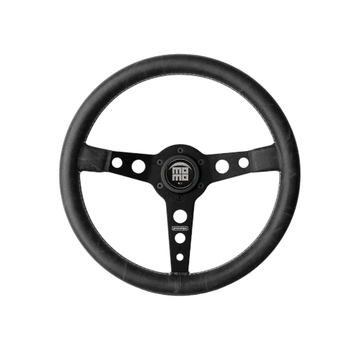 High-quality racing steering wheel with black leather grip and metal spokes, designed for professional motorsport use.