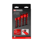 Facom 5 Piece Punches Prom Set 249.Gpb for precise metal punching, featuring ergonomic red and black handles in a compact storage case.