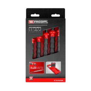 Facom 5 Piece Punches Prom Set 249.Gpb for precise metal punching, featuring ergonomic red and black handles in a compact storage case.