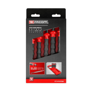 Facom 5 Piece Punches Prom Set 249.Gpb for precise metal punching, featuring ergonomic red and black handles in a compact storage case.