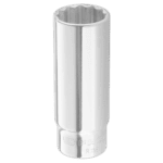 Close-up of a Facom R.EL 1/4 long-reach metric 12-point socket in silver finish, showing detailed internal and external design.