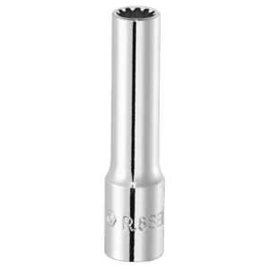Close-up of a Facom R.SEL 1/4 Spline long-reach socket in chrome finish, designed for automotive and mechanical use.