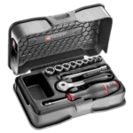 Facom 12-piece 1/4 metric 6-point socket set in a black case with ratchet and accessories for automotive repair.