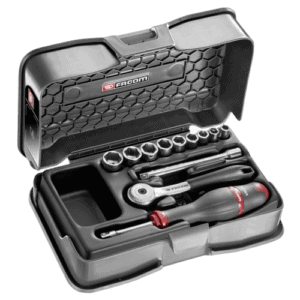 Facom 12-piece 1/4 metric 6-point socket set in a black case with ratchet and accessories for automotive repair.