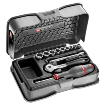 Facom 12-piece 1/4 metric 6-point socket set in a black case with ratchet and accessories for automotive repair.