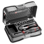 Facom 12-piece 1/4 metric 6-point socket set in a black case with red accents, displayed open to show sockets and ratchet.