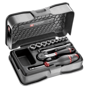 Facom 12-piece 1/4 metric 6-point socket set in a black case with red accents, displayed open to show sockets and ratchet.