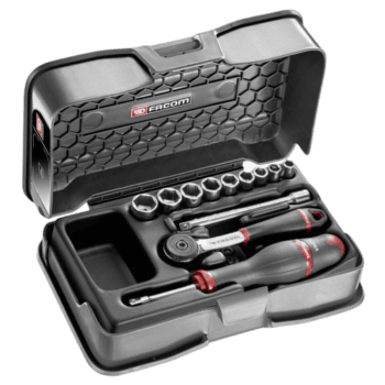 Facom 12-piece 1/4 metric 6-point socket set in a black case with red accents, displayed open to show sockets and ratchet.