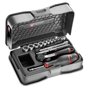 Facom 15-piece 1/4 inch 6-point socket set in a black and red case, including ratchet and screwdriver tools for automotive and mechanical work.