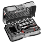Facom 15-piece 1/4 metric 6-point socket set in a compact case, ideal for automotive and mechanical repairs.