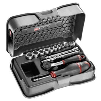 Facom 15-piece 1/4 metric 6-point socket set in a compact case, ideal for automotive and mechanical repairs.