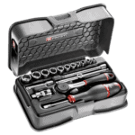 Facom 17-piece 1/4 inch 6-point socket set in a black case with red accents, including ratchet and screwdriver.