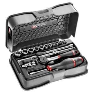 Facom 17-piece 1/4 inch 6-point socket set in a black case with red accents, including ratchet and screwdriver.