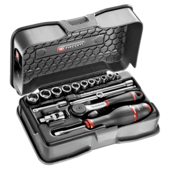 Facom 17-piece 1/4 inch 6-point socket set in a black case with red accents, including ratchet and screwdriver.