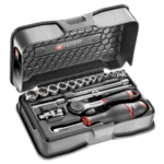 Facom 19-piece 1/4 metric 6-point socket set in a black case with ratchet and screwdriver.