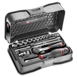 Facom 19-piece 1/4 metric 6-point socket set in a black case with ratchet and screwdriver.