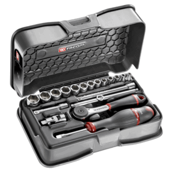 Facom 19-piece 1/4 metric 6-point socket set in a black case with ratchet and screwdriver.