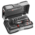 Facom 21-piece 1/4 inch 6-point socket and bit set in a black case with red accents, ideal for professional mechanics.