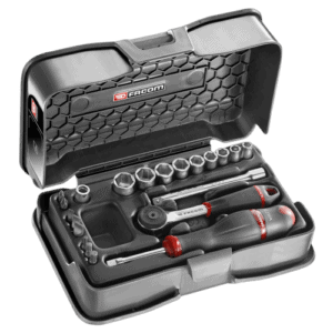 Facom 21-piece 1/4 inch 6-point socket and bit set in a black case with red accents, ideal for professional mechanics.