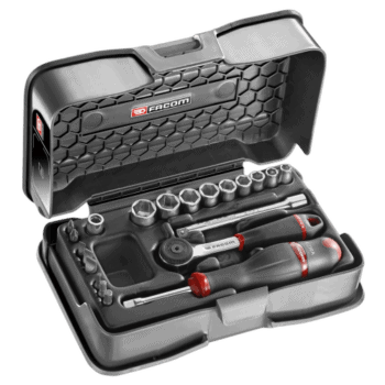 Facom 21-piece 1/4 inch 6-point socket and bit set in a black case with red accents, ideal for professional mechanics.