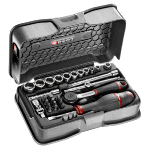 Facom 31-piece 1/4 inch 6-point socket and bit set in a compact case, ideal for professional and DIY automotive repairs.
