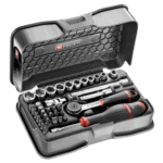 Facom 37-piece socket and bit set in a black plastic case with red accents, ideal for automotive and mechanical work.