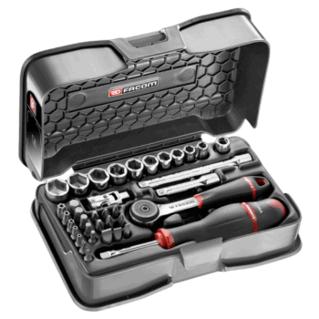 Facom 37-piece socket and bit set in a black plastic case with red accents, ideal for automotive and mechanical work.