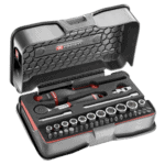 Facom 37-piece 1/4 metric 6-point socket and bit set in foam tray for automotive and mechanical use.