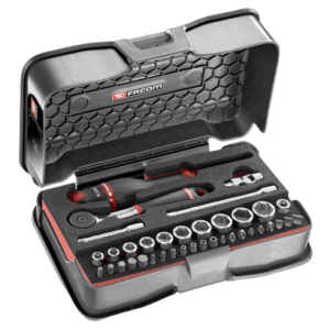 Facom 37-piece 1/4 metric 6-point socket and bit set in foam tray for automotive and mechanical use.