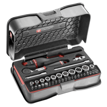 Facom 37-piece 1/4 metric 6-point socket and bit set in foam tray for automotive and mechanical use.