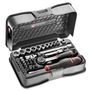 Facom 37-piece 1/4 inch metric socket and bit set in a black plastic case with red accents, ideal for automotive and mechanical repairs.