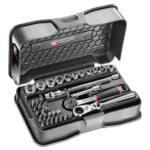 Facom 37-piece set of 1/4 inch metric 6-point socket and bit set in a black case with various tools and accessories.