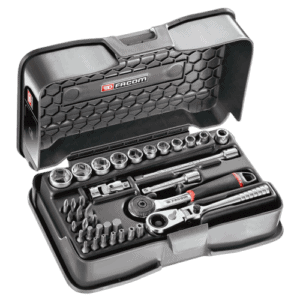 Facom 37-piece set of 1/4 inch metric 6-point socket and bit set in a black case with various tools and accessories.